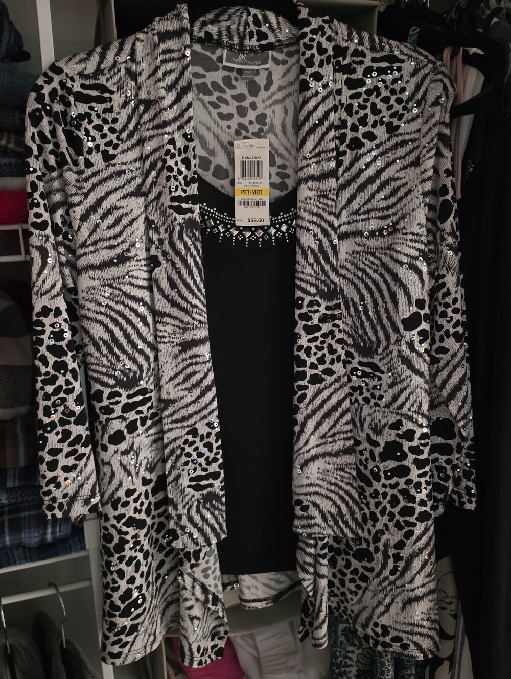 JM Collection Women's Animal Print BlackWhite Silver Sequin Blouse Size P/M